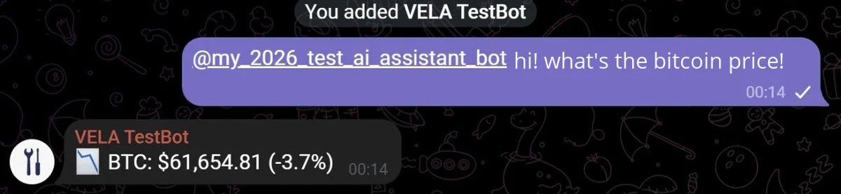 The Telegram bot VELA TestBot showed the bitcoin price of 61,654 dollars down 3.7%