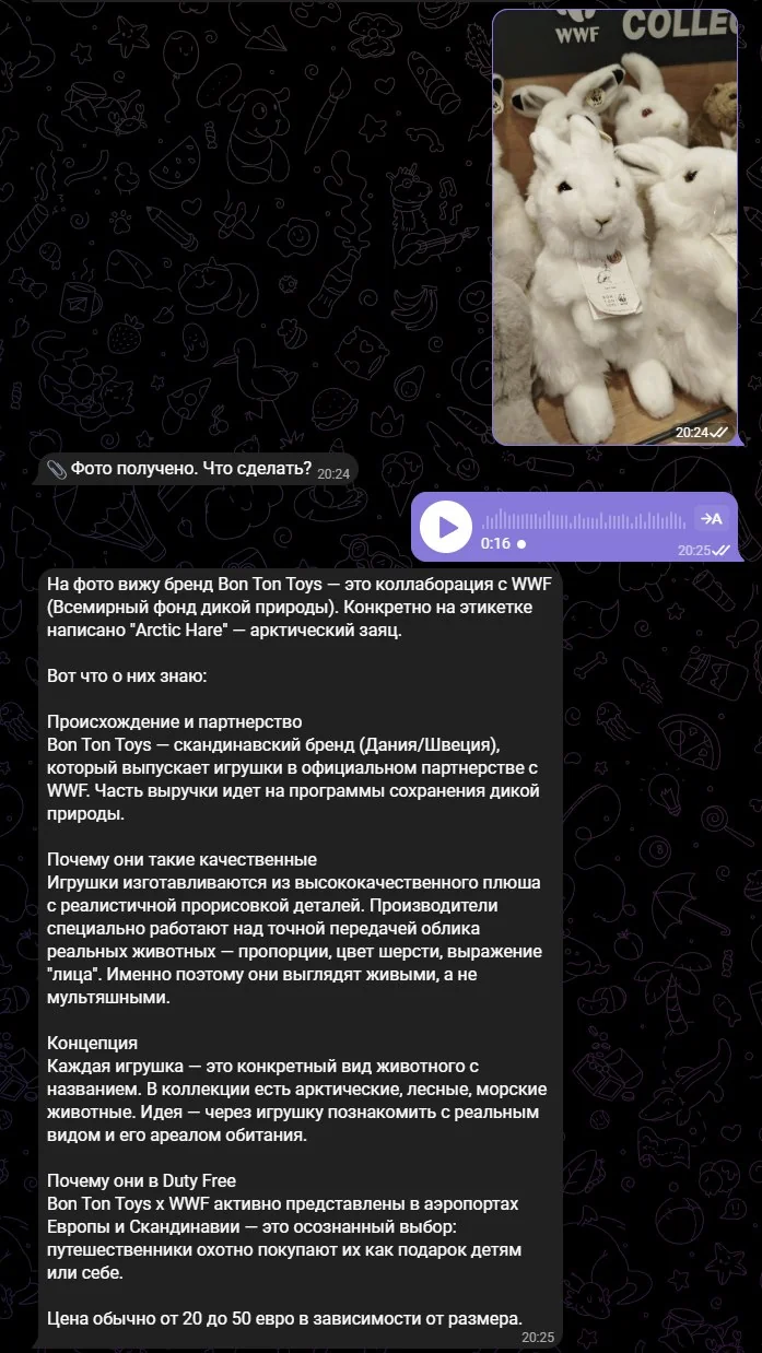 Сообщение Telegram с фото плюшевых кроликов WWF и описанием коллекции Bon Ton Toys