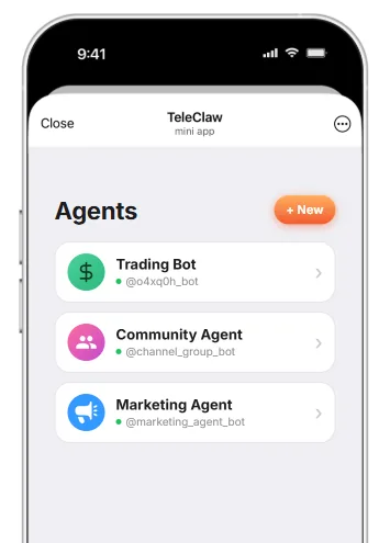 TeleClaw — an AI agent bot for Telegram groups, with custom agents in its mini app