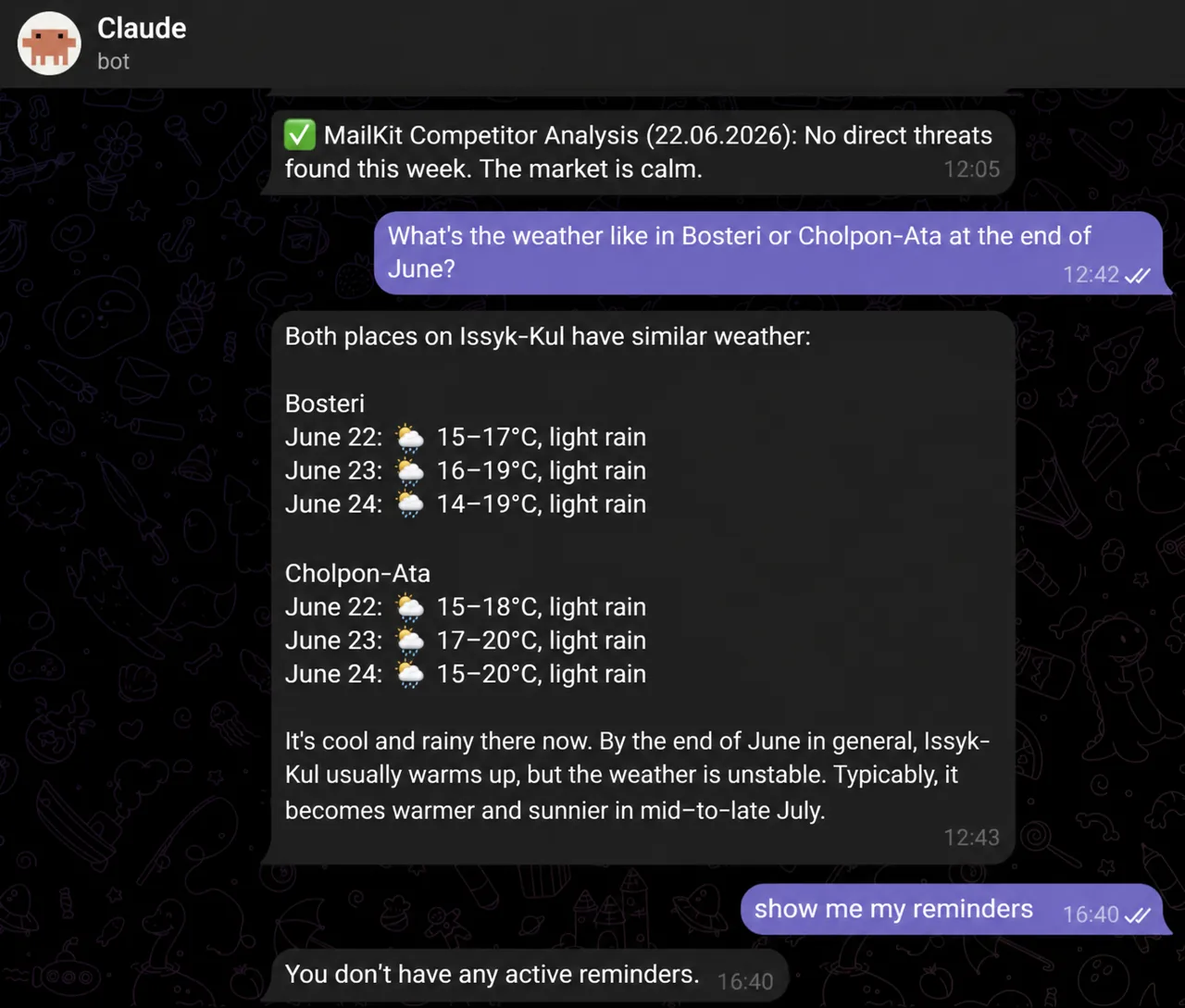 VELA, an AI assistant bot for Telegram, answering weather and reminder questions in a chat