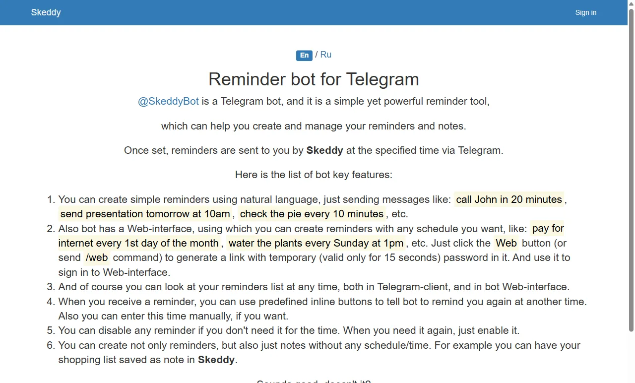 Skeddy, a natural-language reminder bot for Telegram
