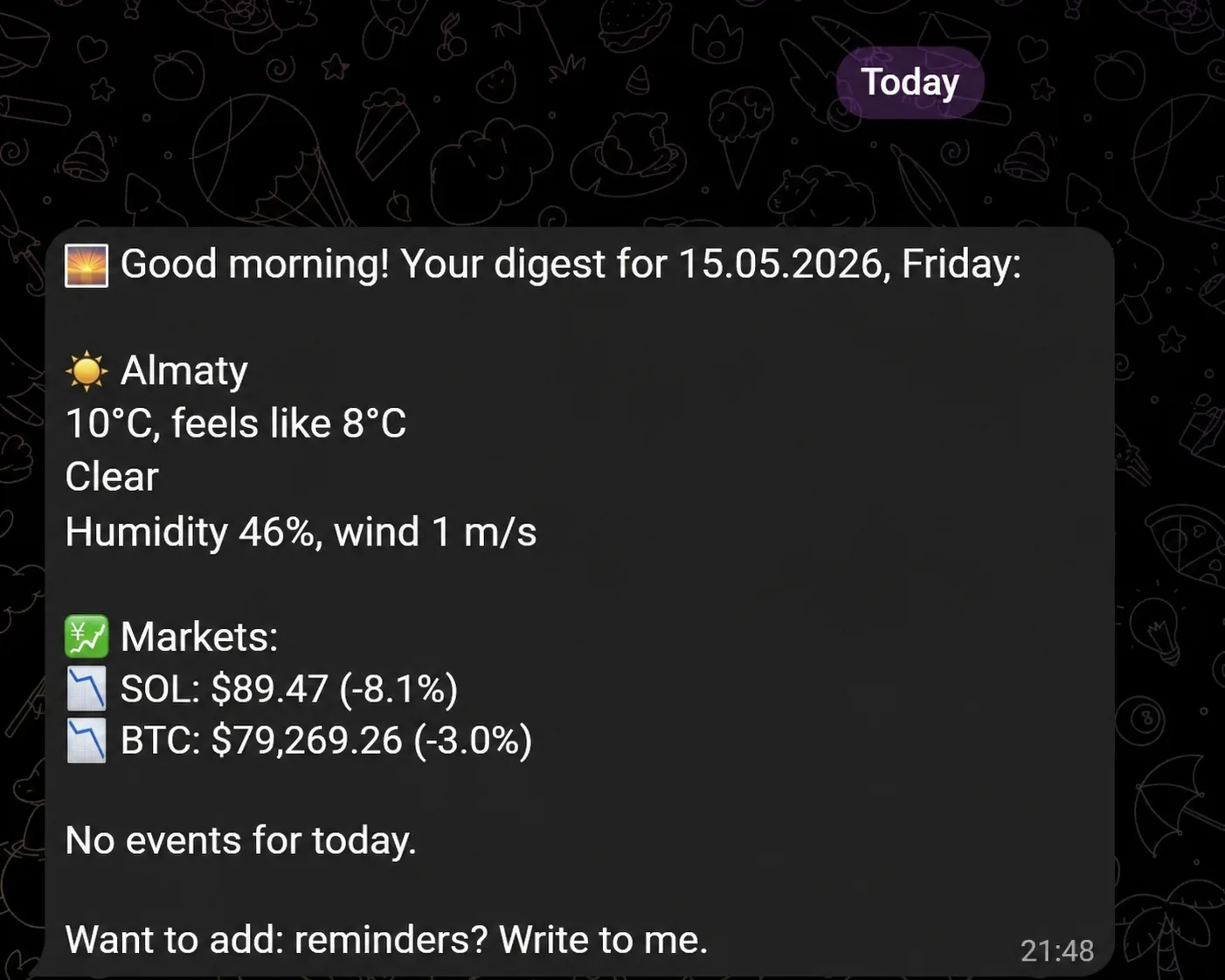 The VELA AI assistant's morning digest: weather in Almaty and asset prices with emoji