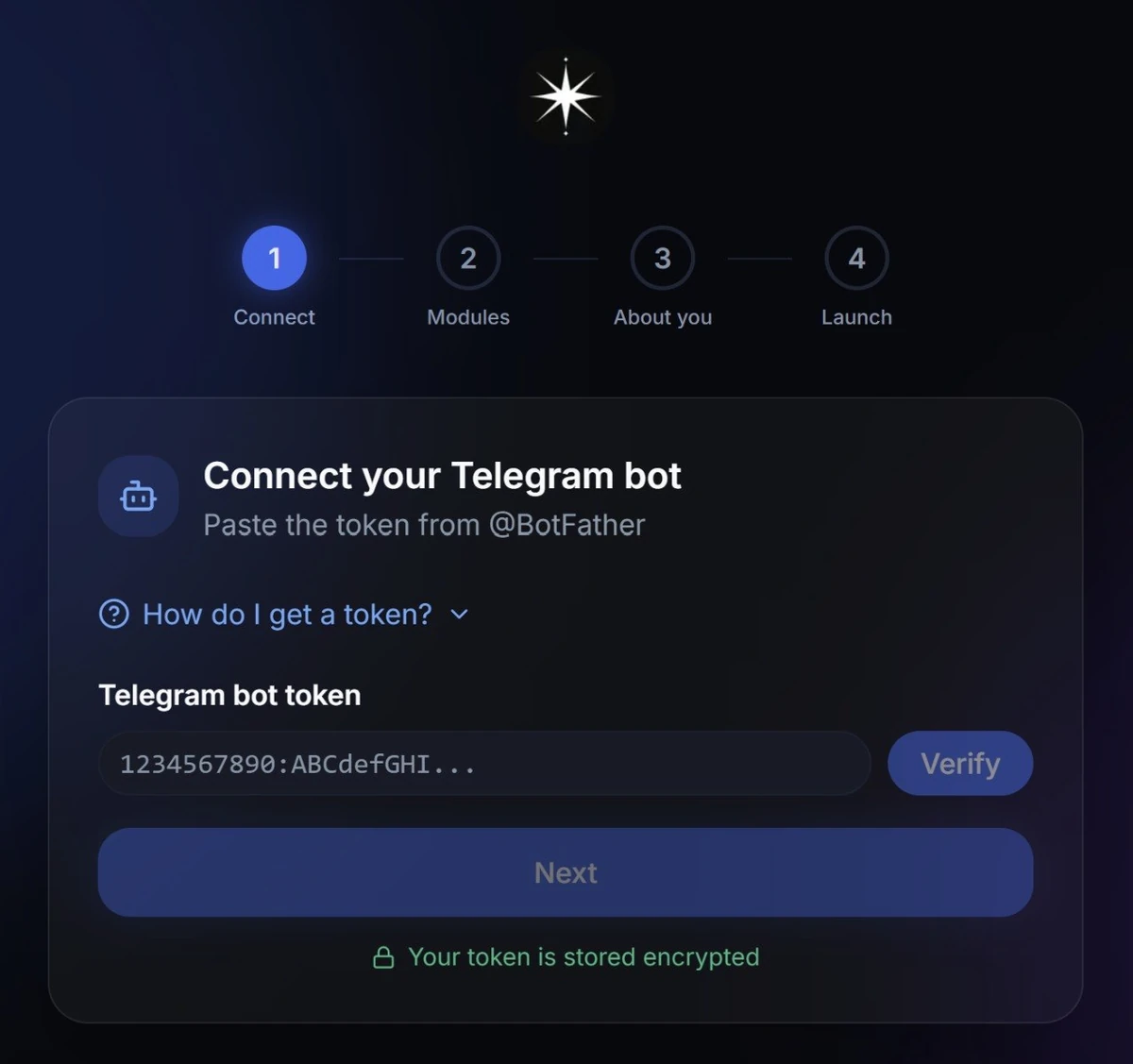 The form for connecting a Telegram bot with a token from @BotFather