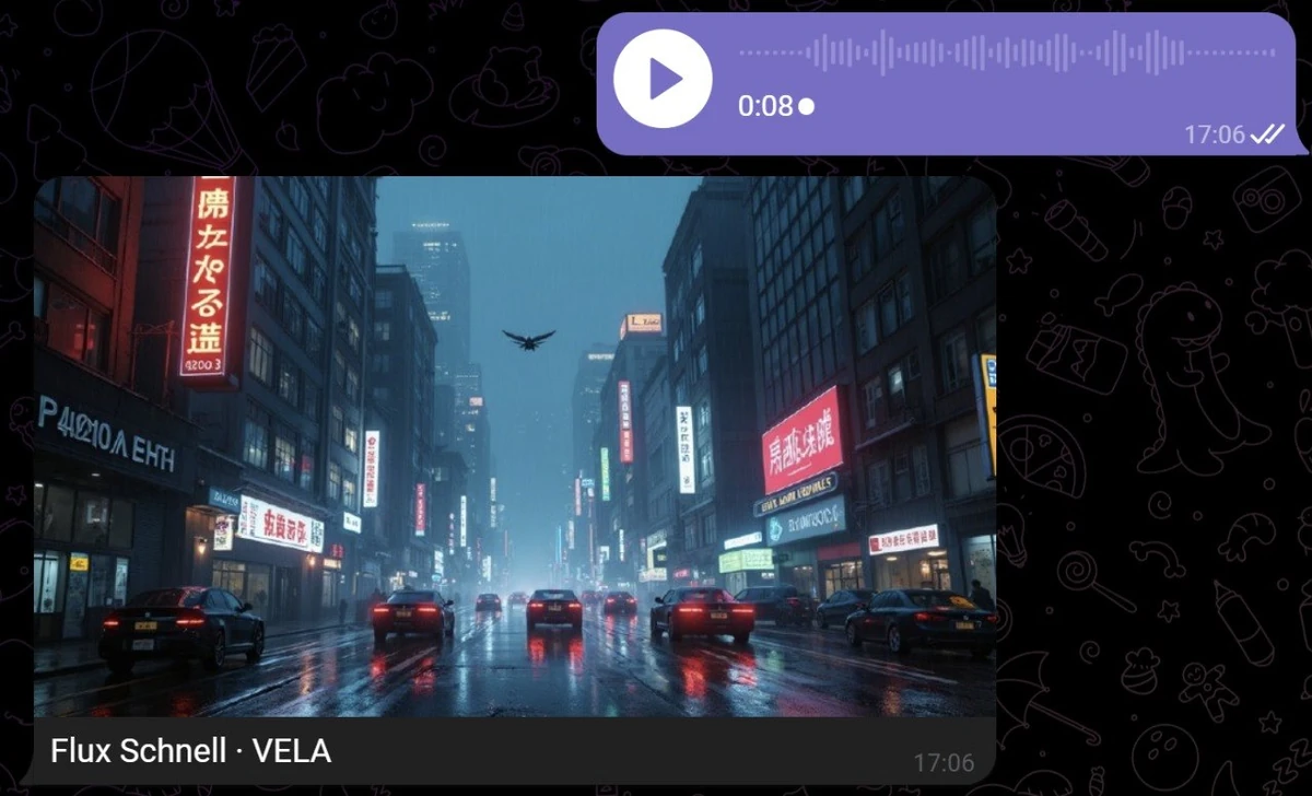 A night city with neon signs in the rain and a plane in the sky