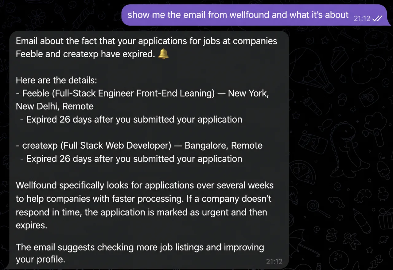A message from Wellfound about expired applications for the Feeble and createxp jobs