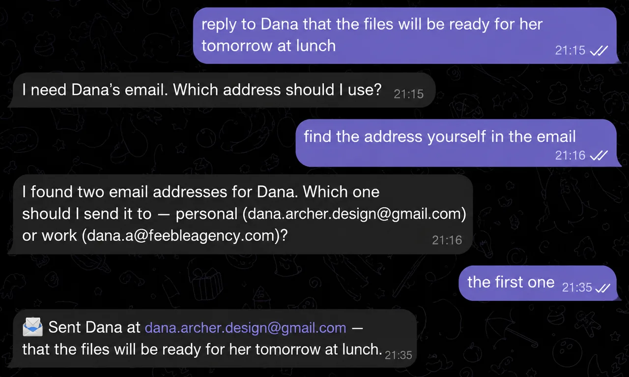 A conversation in Telegram about finding Dana's email address to send a message
