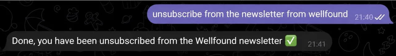 A dialog about unsubscribing from the Wellfound newsletter in the Telegram messenger