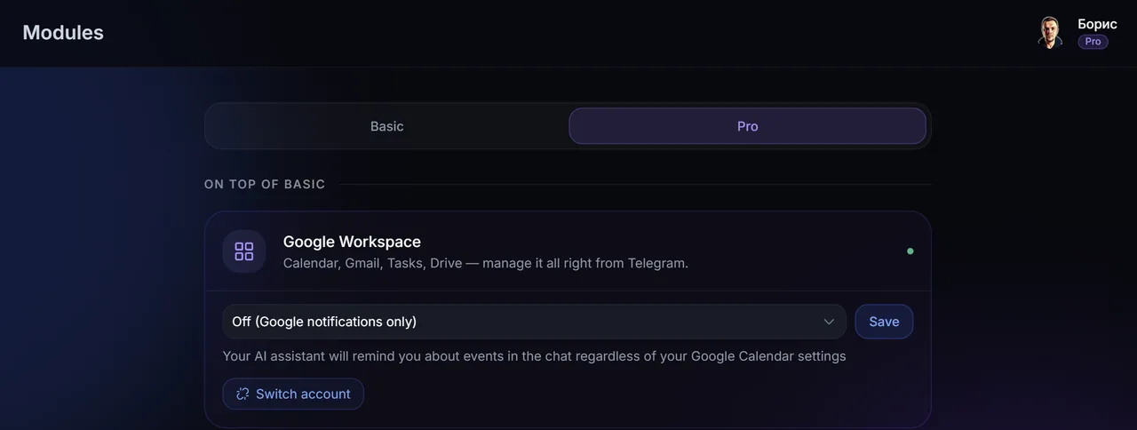 The VELA dashboard Modules section — the Google Workspace card for Calendar, Gmail, Tasks and Drive