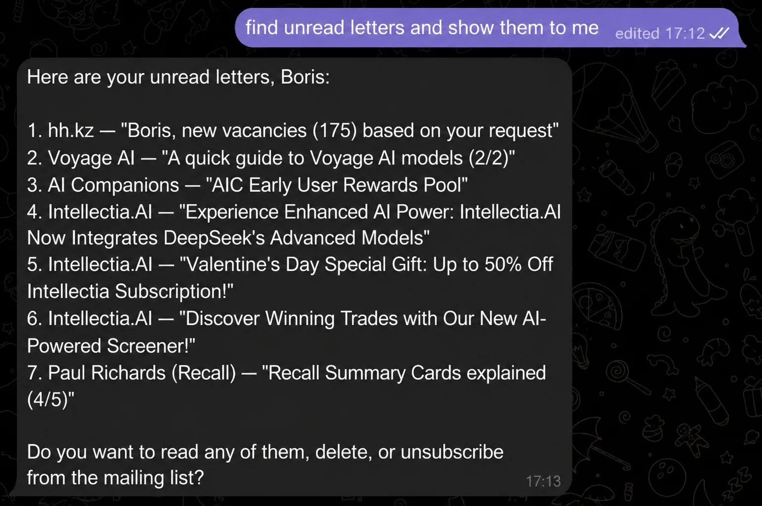 Searching for unread Gmail emails through the VELA AI assistant in Telegram