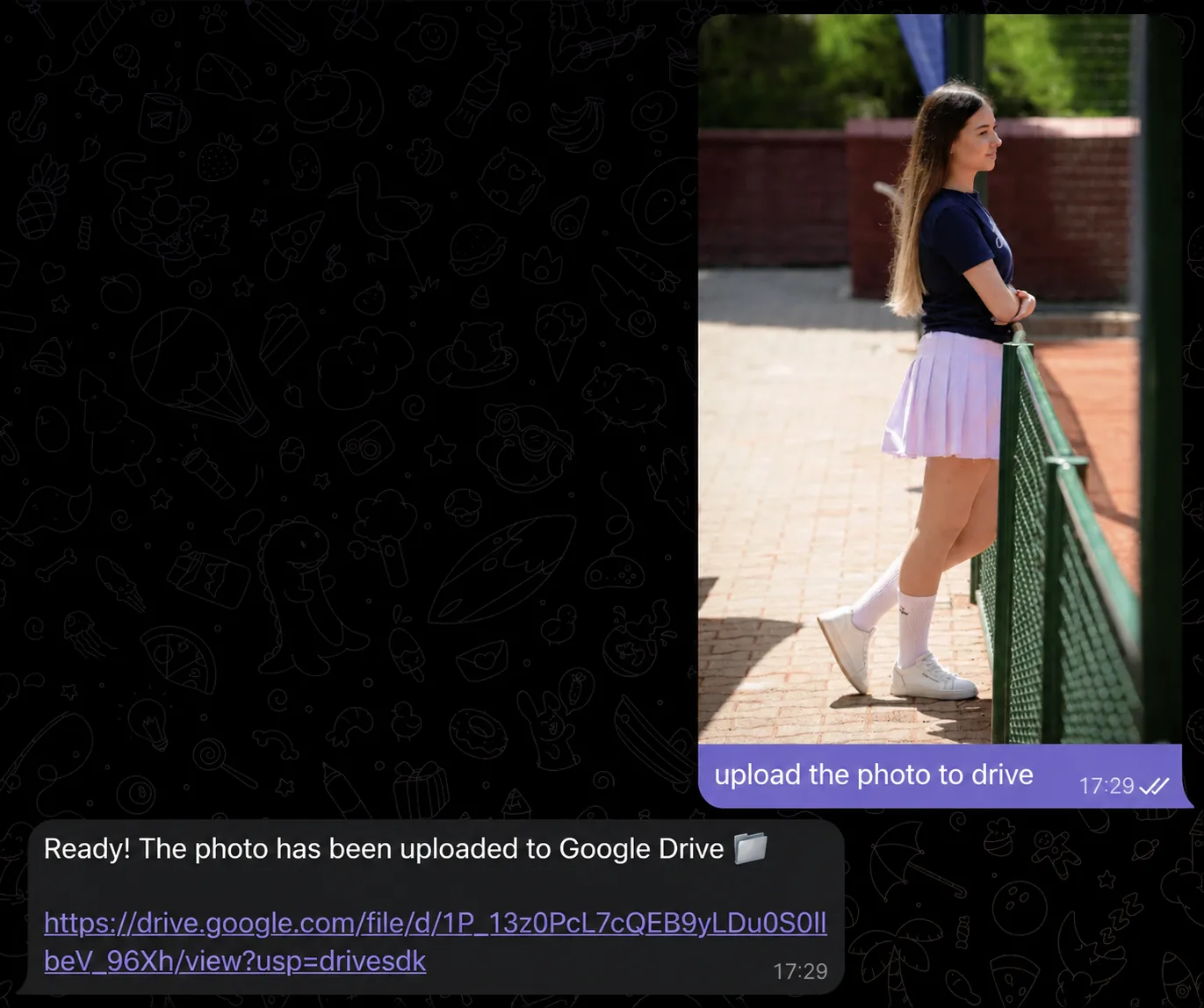 Uploading a photo to Google Drive through the VELA AI assistant in Telegram