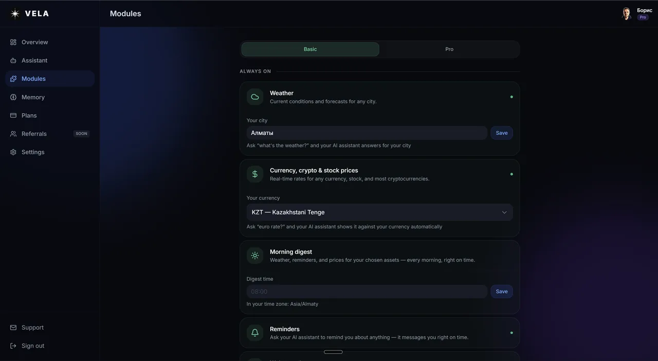 The Modules section in the VELA dashboard with active modules