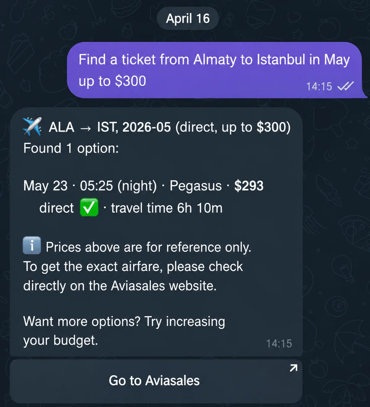 VELA's AI assistant in Telegram finding an Almaty–Istanbul flight and suggesting a higher budget
