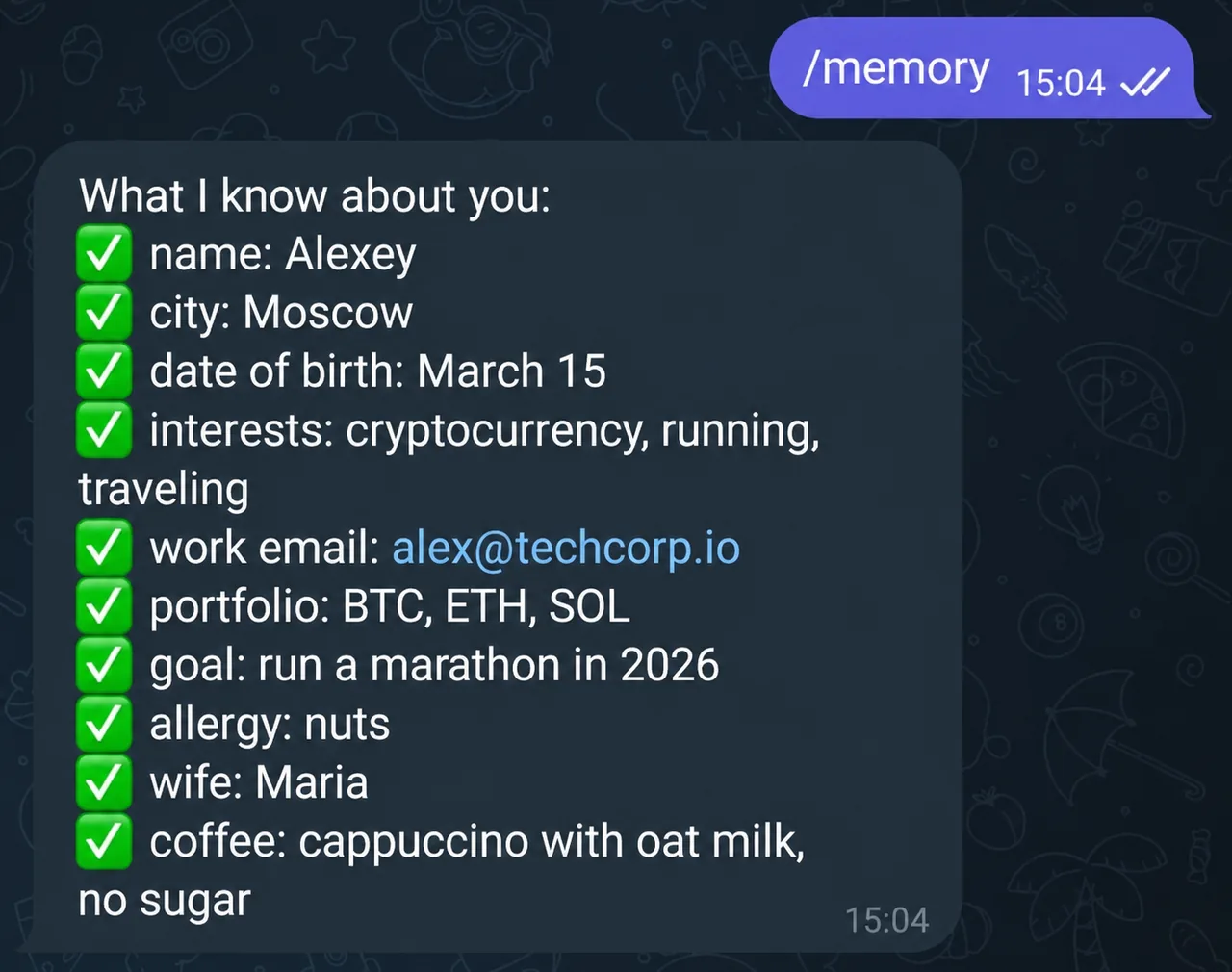 VELA's AI assistant showing what it remembers about the user — long-term memory in Telegram