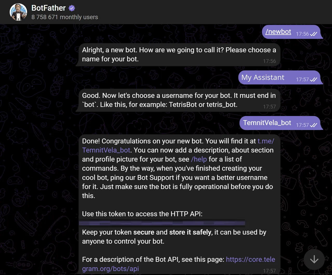 Creating a Telegram bot in @BotFather with the /newbot command (token blurred)