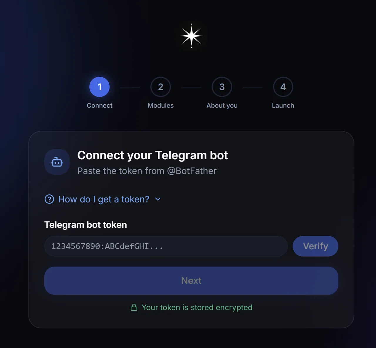 VELA onboarding step 1 in English — pasting the Telegram bot token to connect it