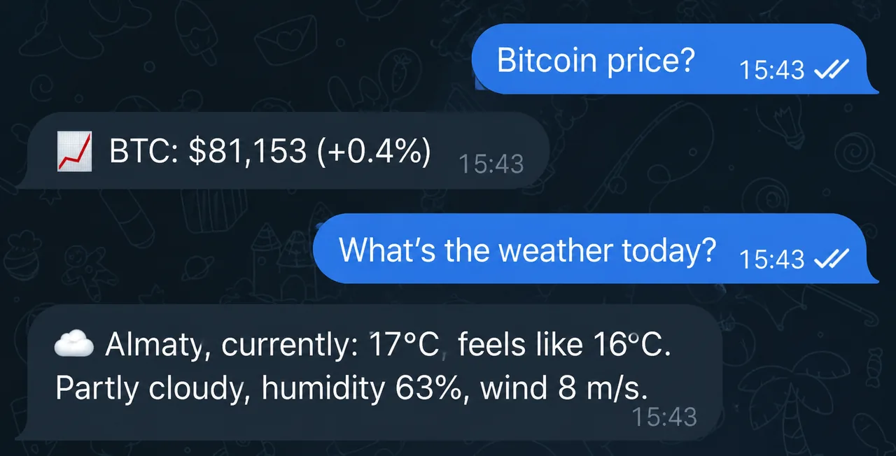 VELA's AI assistant answering bitcoin price and weather questions in a Telegram chat