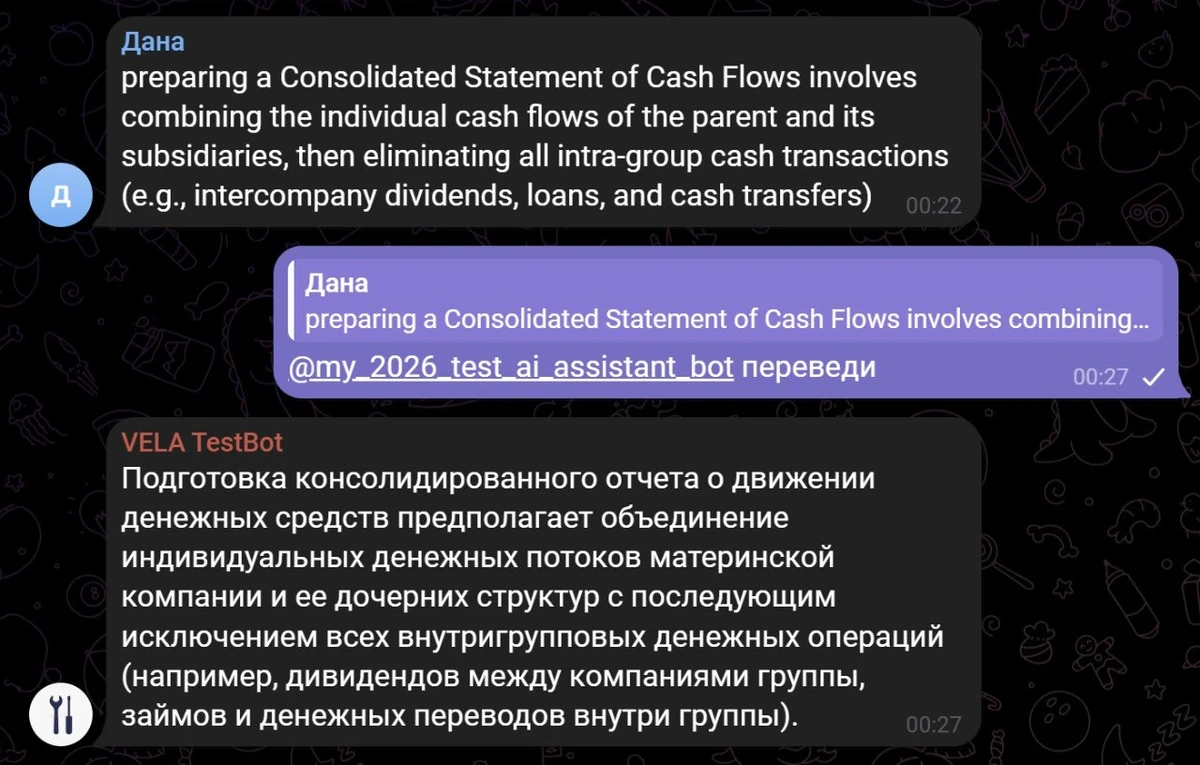 Диалог в Телеграме о подготовке консолидированного отчета о движении денежных средств