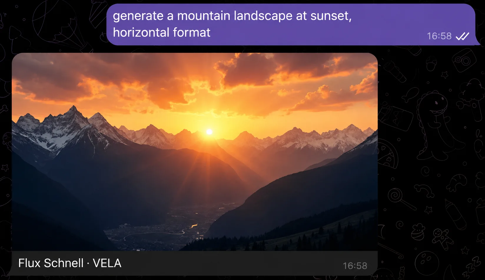 A message asking to create a mountain landscape at sunset in horizontal format