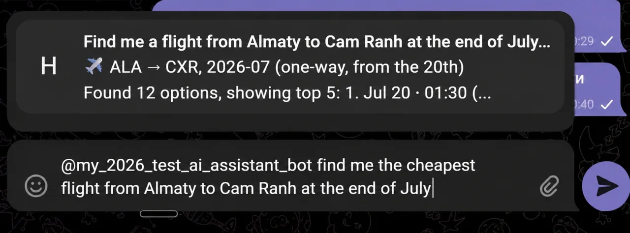 An inline flight search from Almaty to Cam Ranh in a Telegram chat