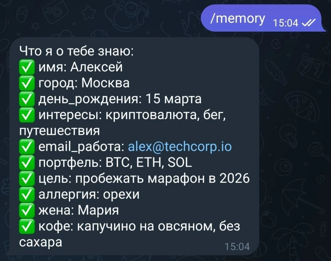 Сообщение с личными данными и интересами пользователя по имени Алексей из Москвы