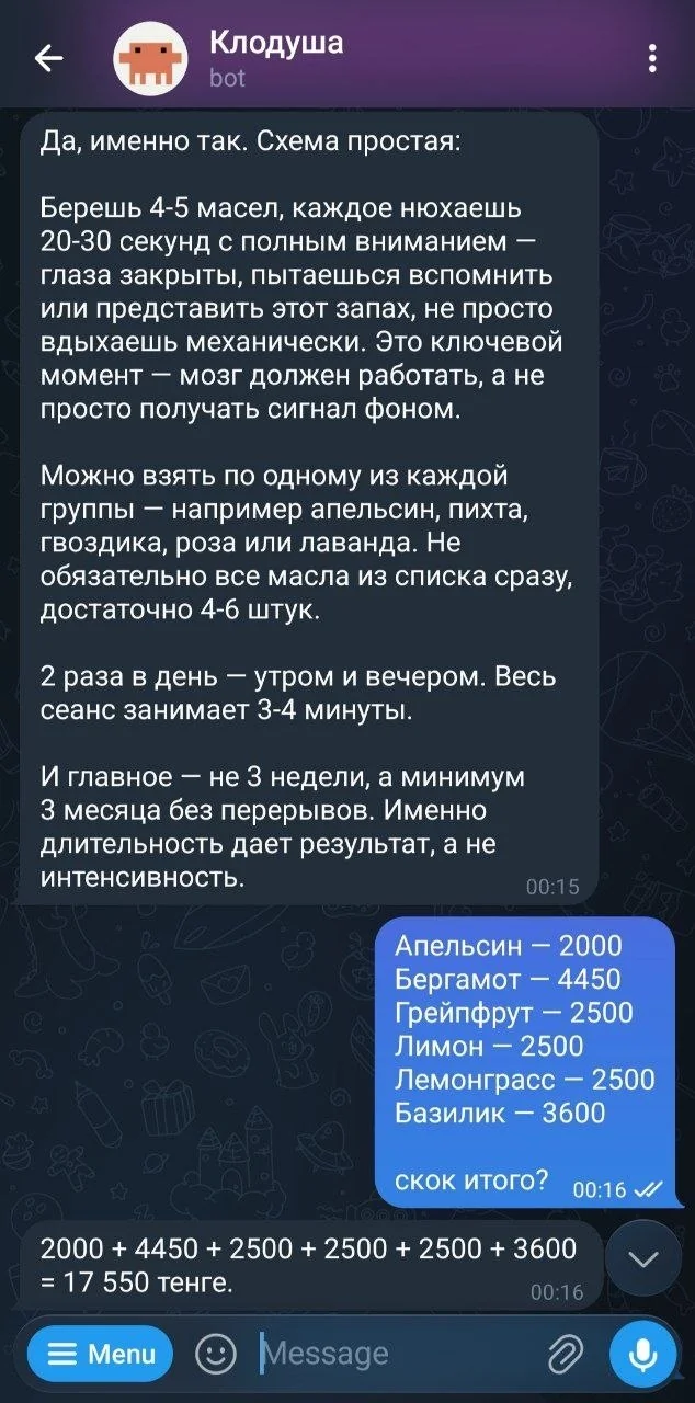 Чат с ИИ-ассистентом о рецептах эфирных масел и расчете стоимости