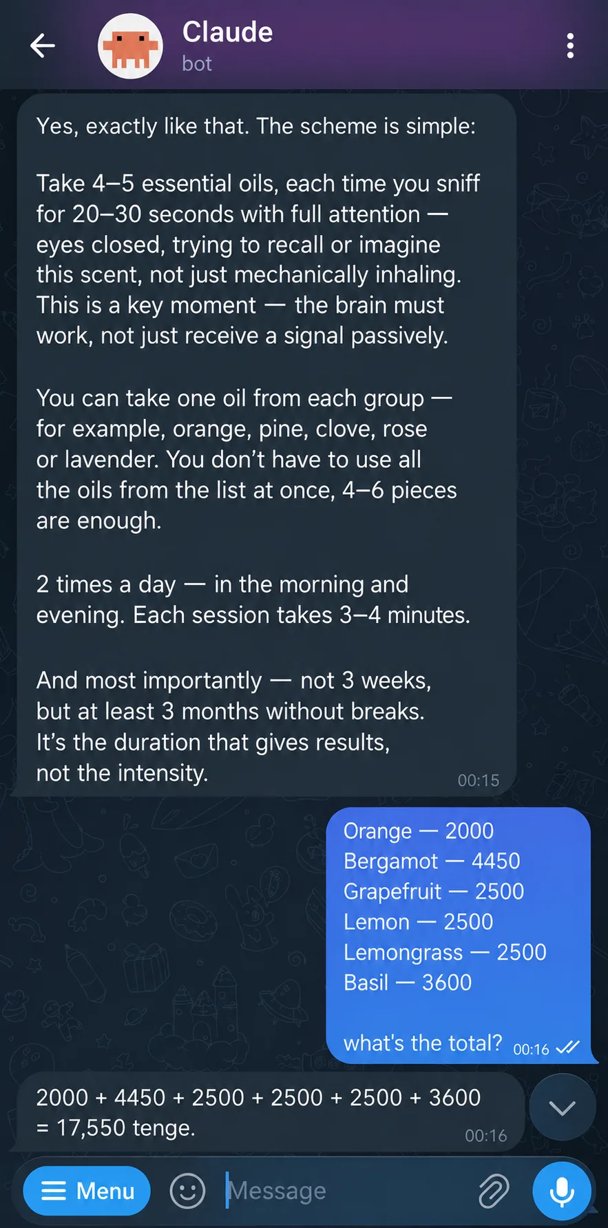 VELA's AI assistant in Telegram explaining an essential-oil routine and adding up the total cost