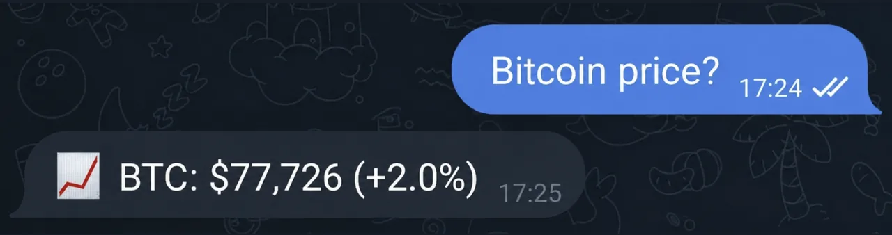 VELA's AI assistant answering a bitcoin price request in Telegram — BTC at $77,726