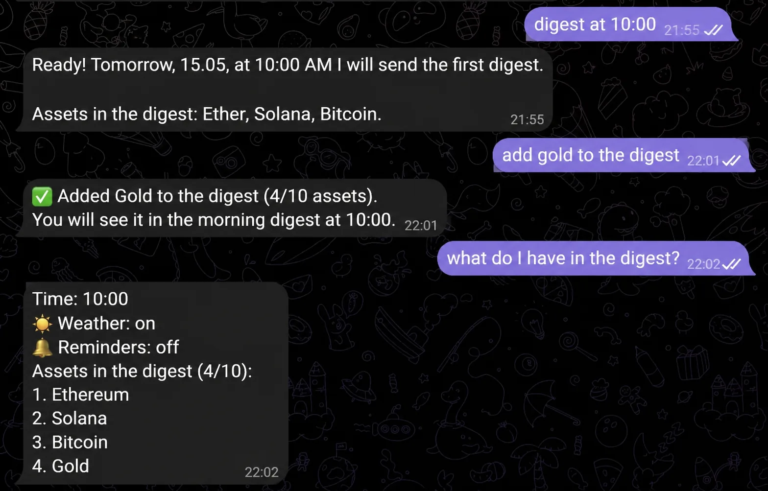 Messages about the digest with crypto assets in the VELA AI assistant