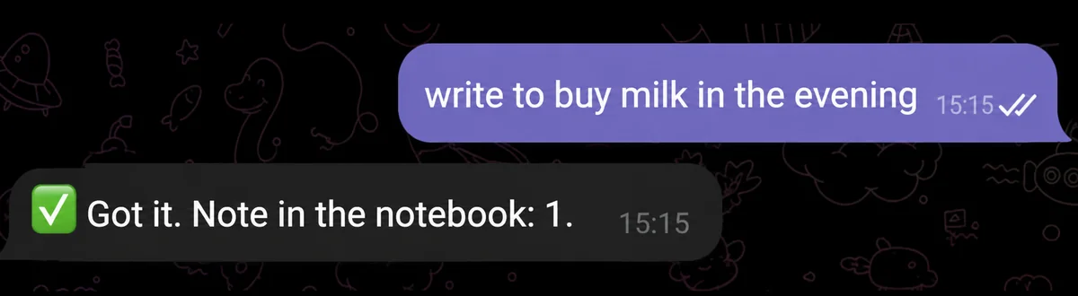 A user asks the AI assistant to write down buying milk in the evening and the bot confirms the saved note