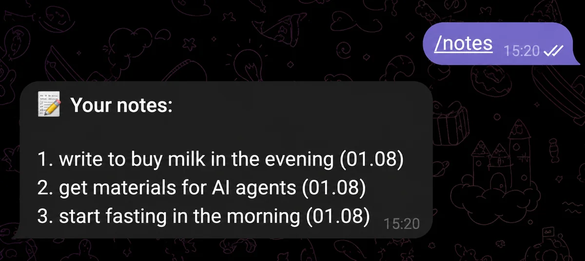 A numbered list of three notes in Telegram after the /notes command
