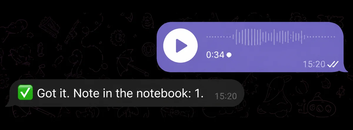 A voice message in the chat and the reply confirming the note was saved