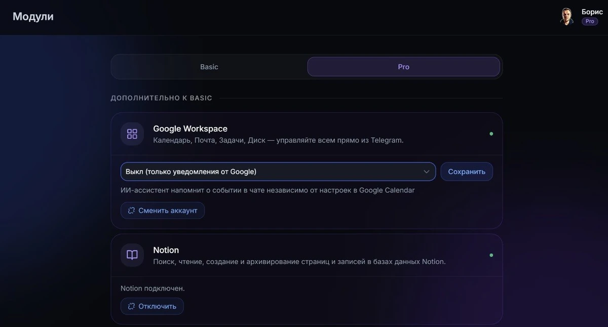 Панель модулей Pro с Google Workspace и Notion для управления календарем и задачами