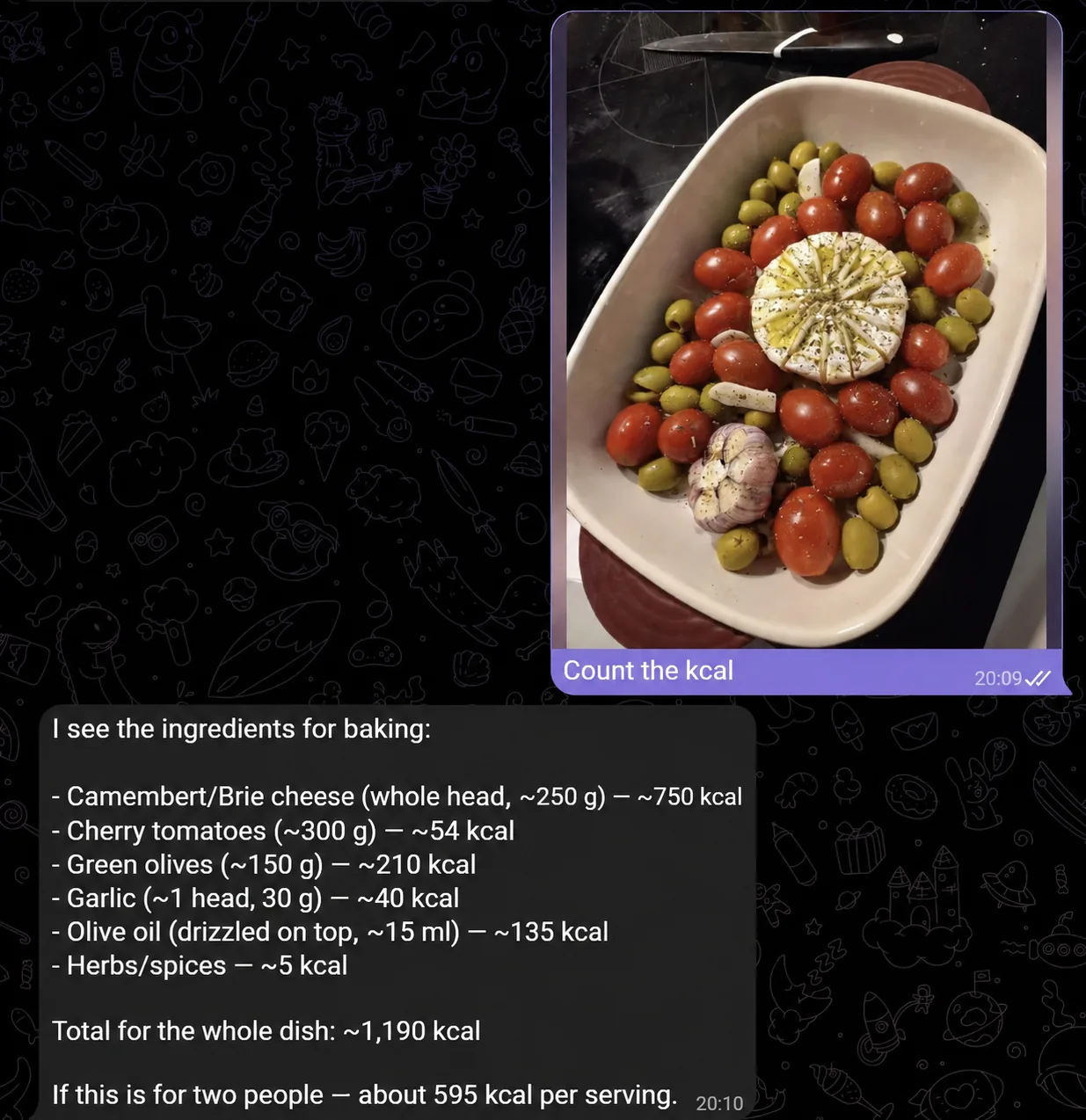 A snack recipe with cheese, tomatoes and olives with a calorie estimate