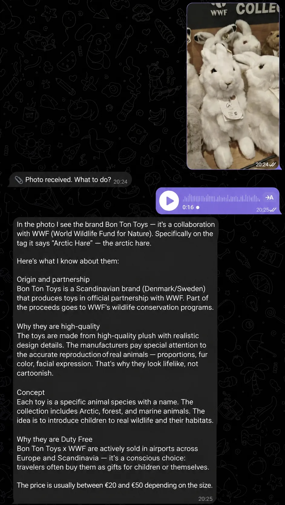 A Telegram message with a photo of WWF plush rabbits and a description of the Bon Ton Toys collection