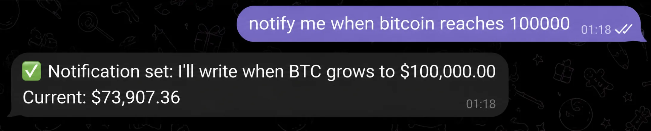 A confirmation of an alert set on bitcoin at $100,000 in Telegram