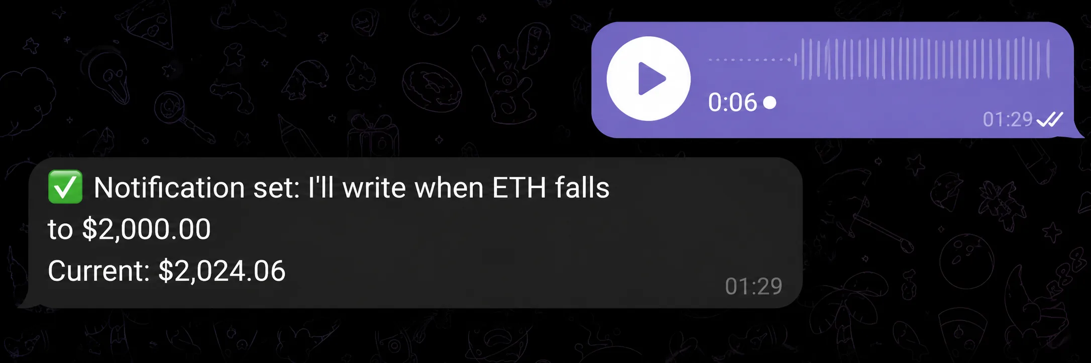 A confirmation of an alert on ETH at $2,000 in Telegram