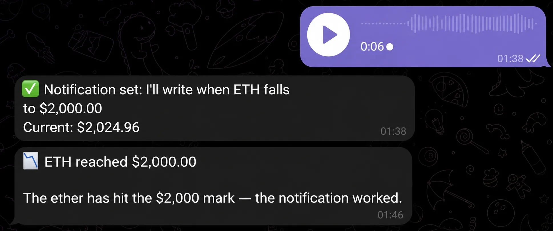 The AI assistant's alert that ETH reached $2,000 in Telegram