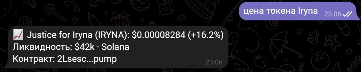 Information about the Justice for Iryna token on the Solana blockchain with price and liquidity