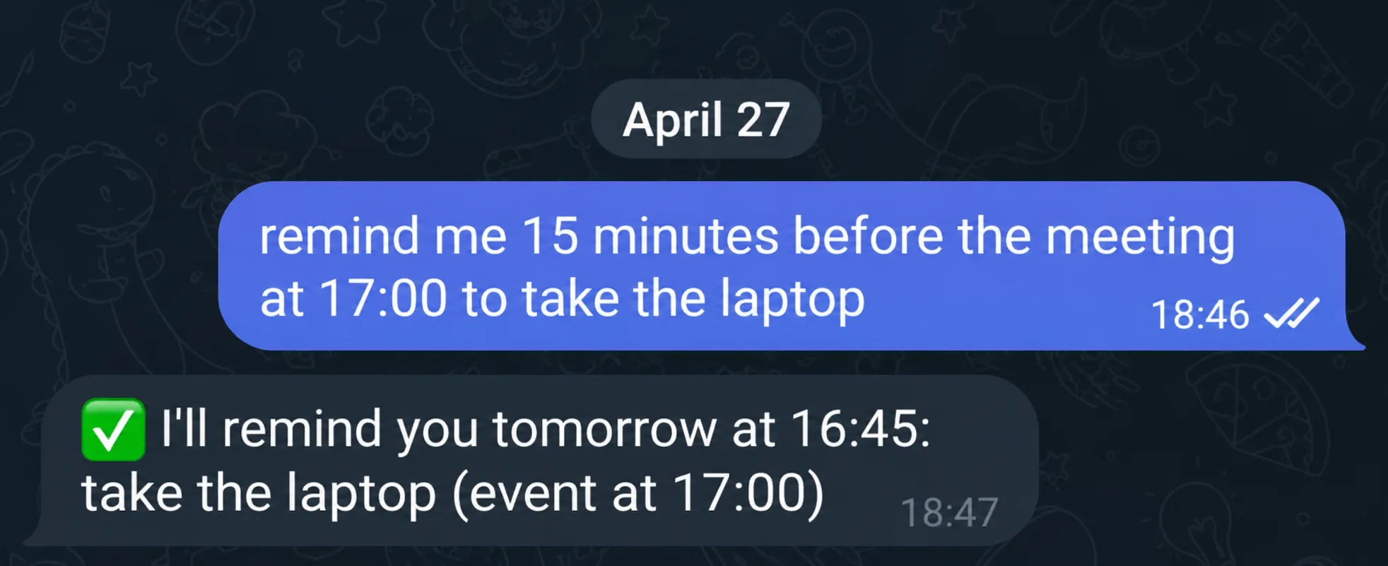 Chat in Telegram with a reminder about a meeting and grabbing a laptop