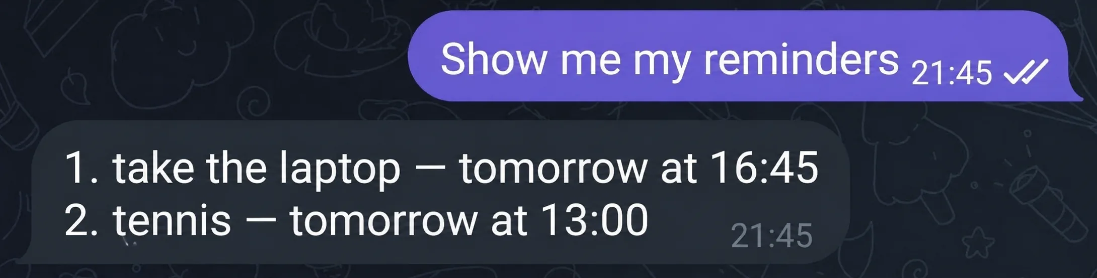 A list of reminders in Telegram with two tasks scheduled for tomorrow
