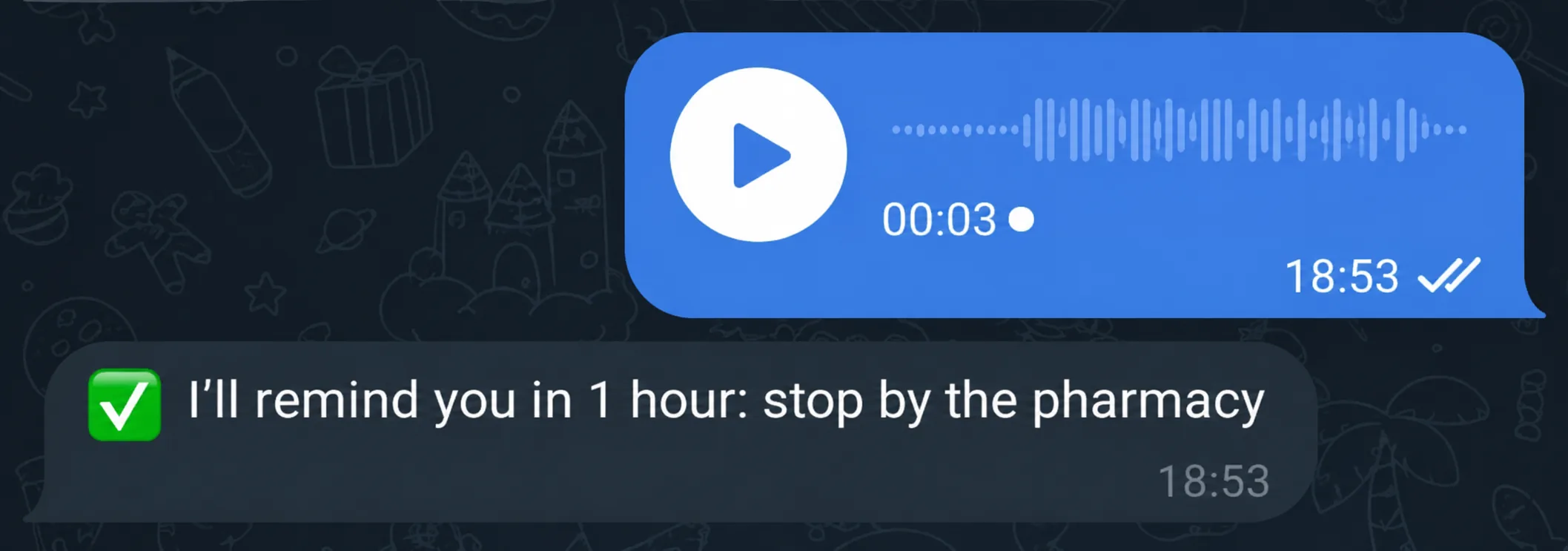 A reminder to stop by the pharmacy in 1 hour, set by a voice message