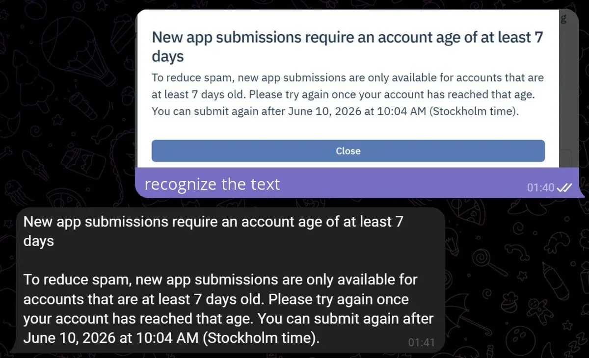 A user sent a screenshot with English text and the caption recognize the text — the AI assistant returned the recognized text in the chat