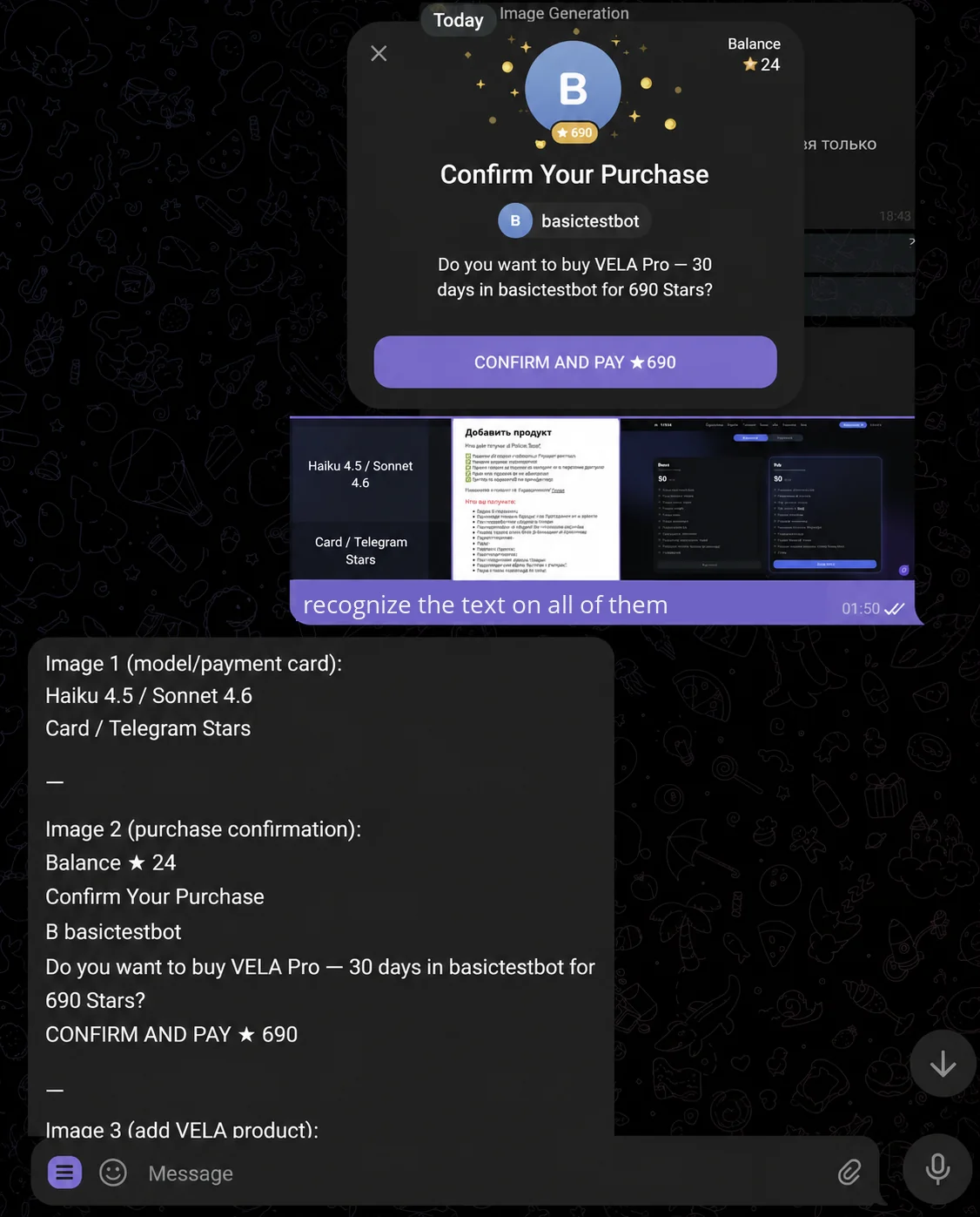 Recognizing text from several screenshots at once, including the VELA Pro purchase screen for 690 Stars