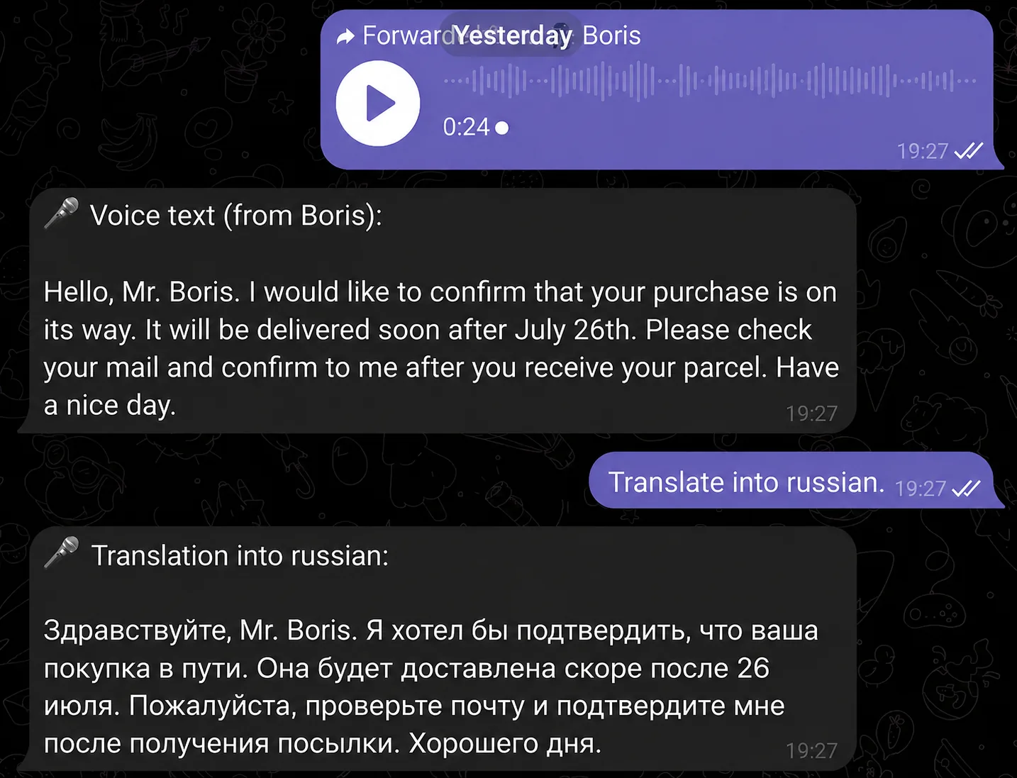 A voice message forwarded in Telegram, transcribed and translated by the AI assistant