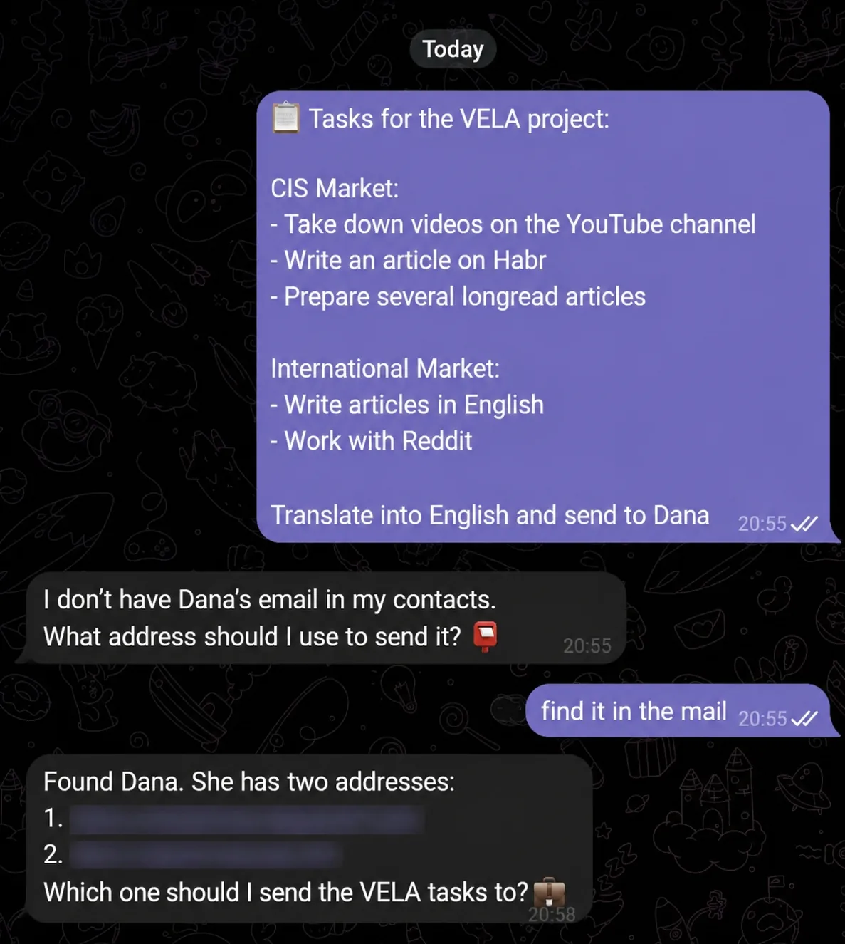AI assistant translating project tasks to English and finding a contact's email in Telegram