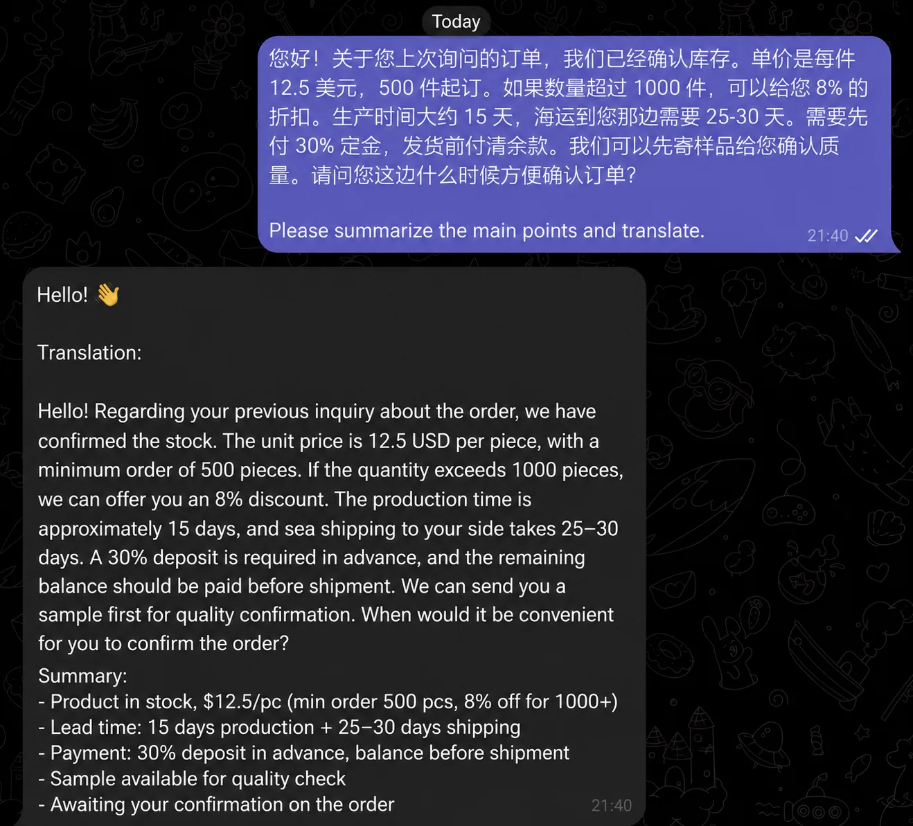 AI assistant translating and summarizing a Chinese supplier's order message in Telegram