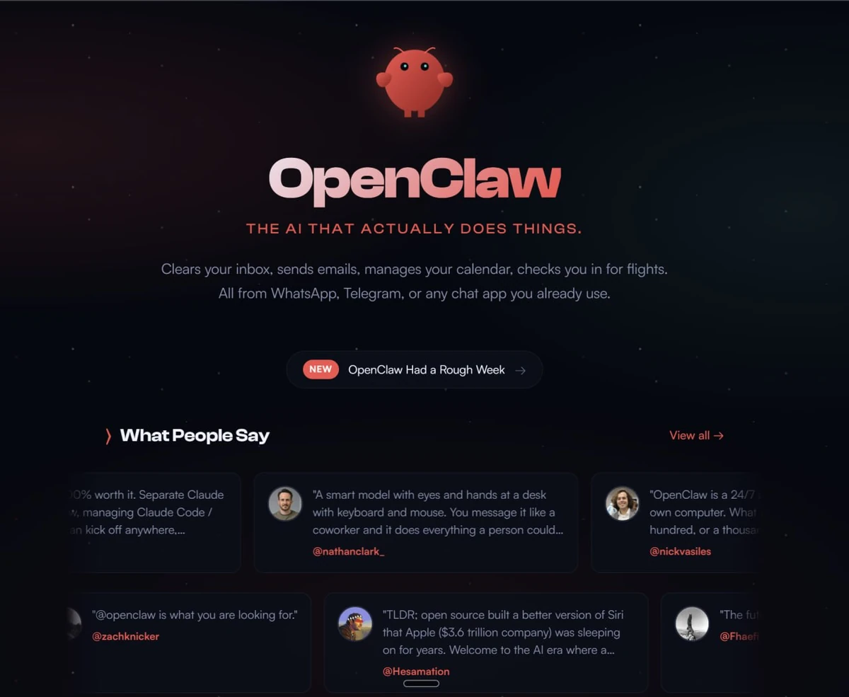 Лендинг ИИ-ассистента OpenClaw с описанием функций и отзывами пользователей