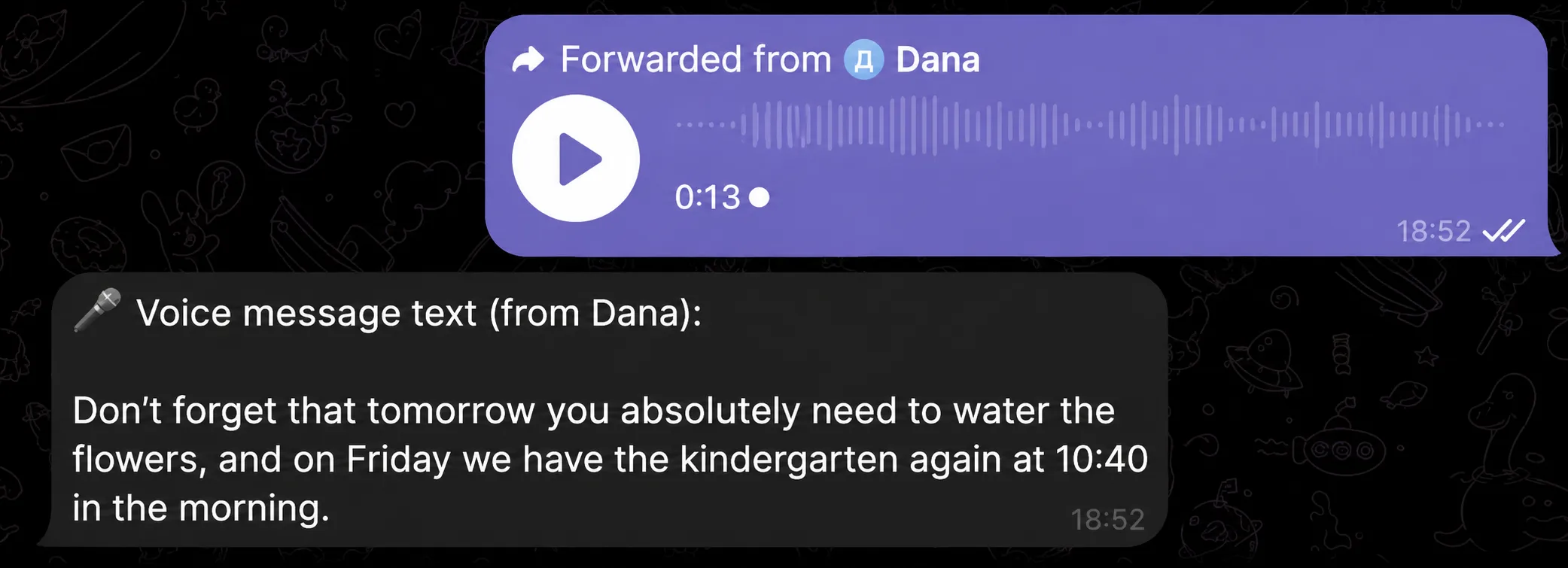 A voice message forwarded in Telegram, transcribed to text by the AI assistant