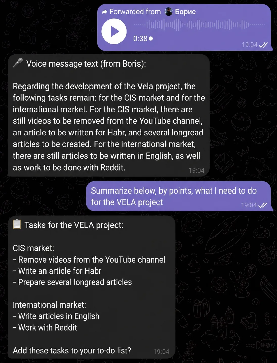 A transcribed voice message summarized into a task list in Telegram