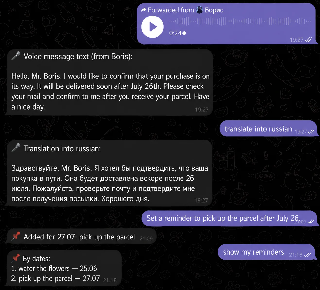 A voice message transcribed, translated to Russian and turned into a reminder in Telegram
